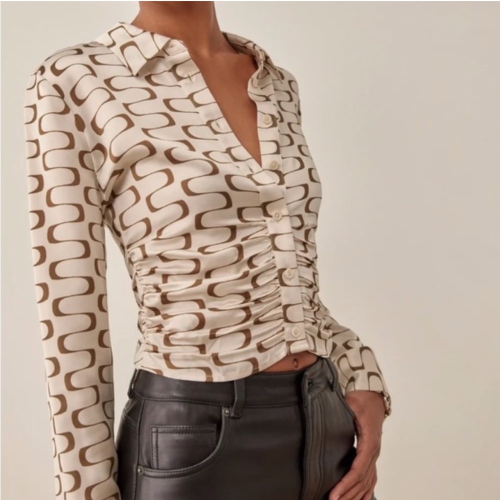 Reformation Cream and Brown Patterned Blouse